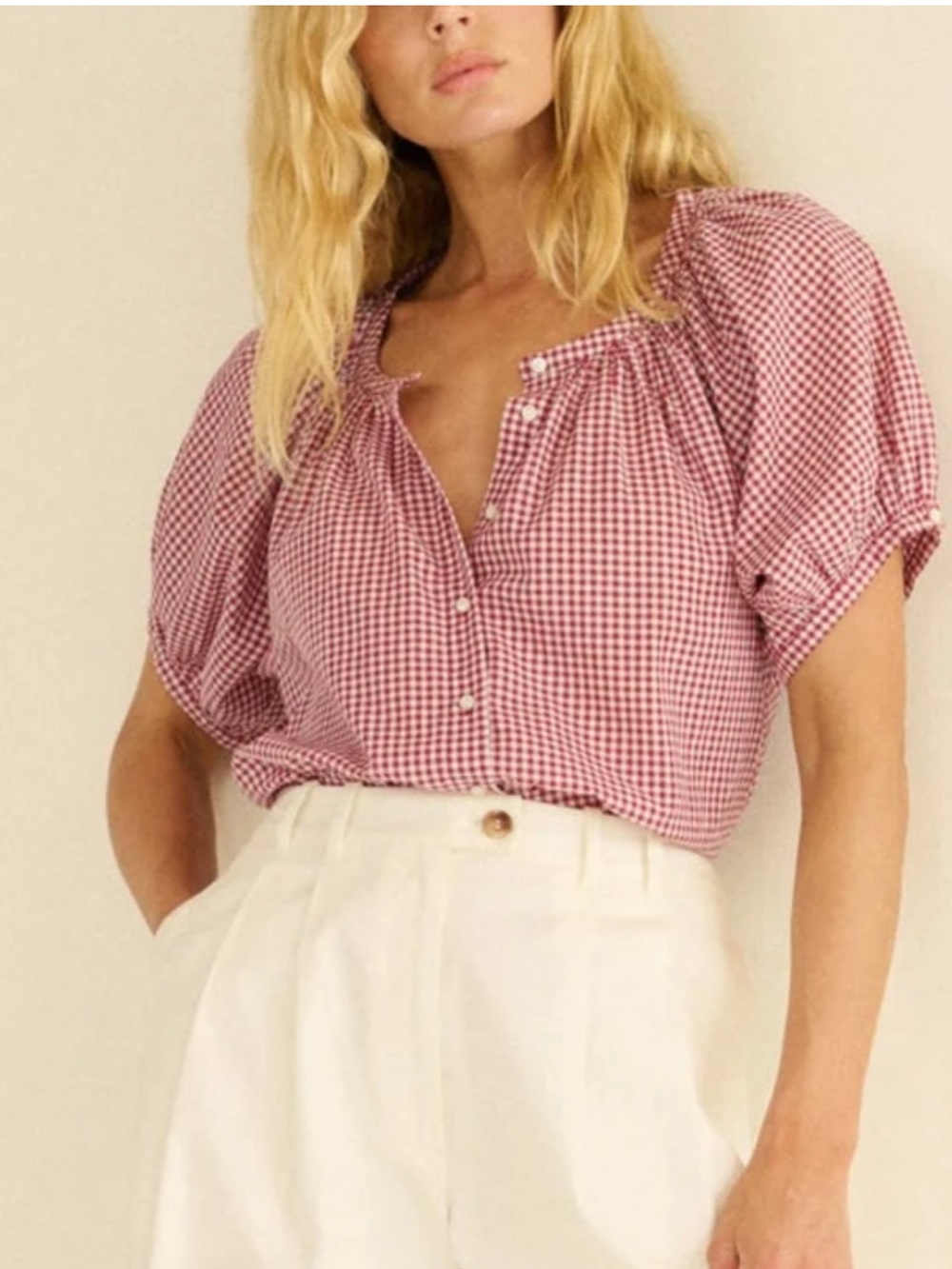 Industry Gingham Puff-Sleeve Blouse